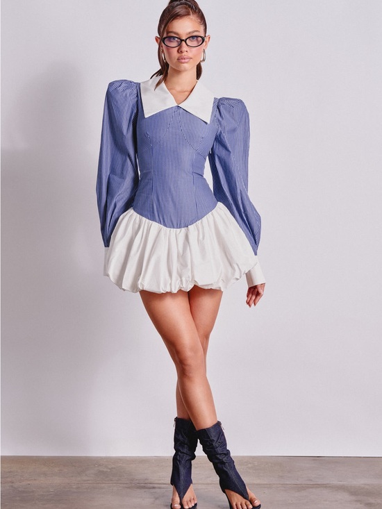 AKIRA Dresses & Skirts - Striped Blue & White Puff-Sleeve Mini Dress